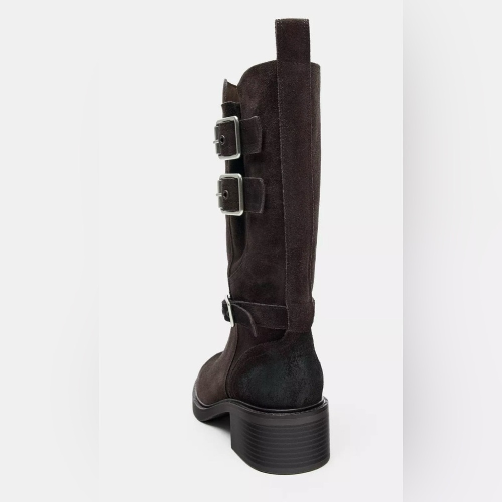 Zara Brown Combat Moto Suede Split Leather Buckled Calf High Ankle Boots - Picture 14 of 17